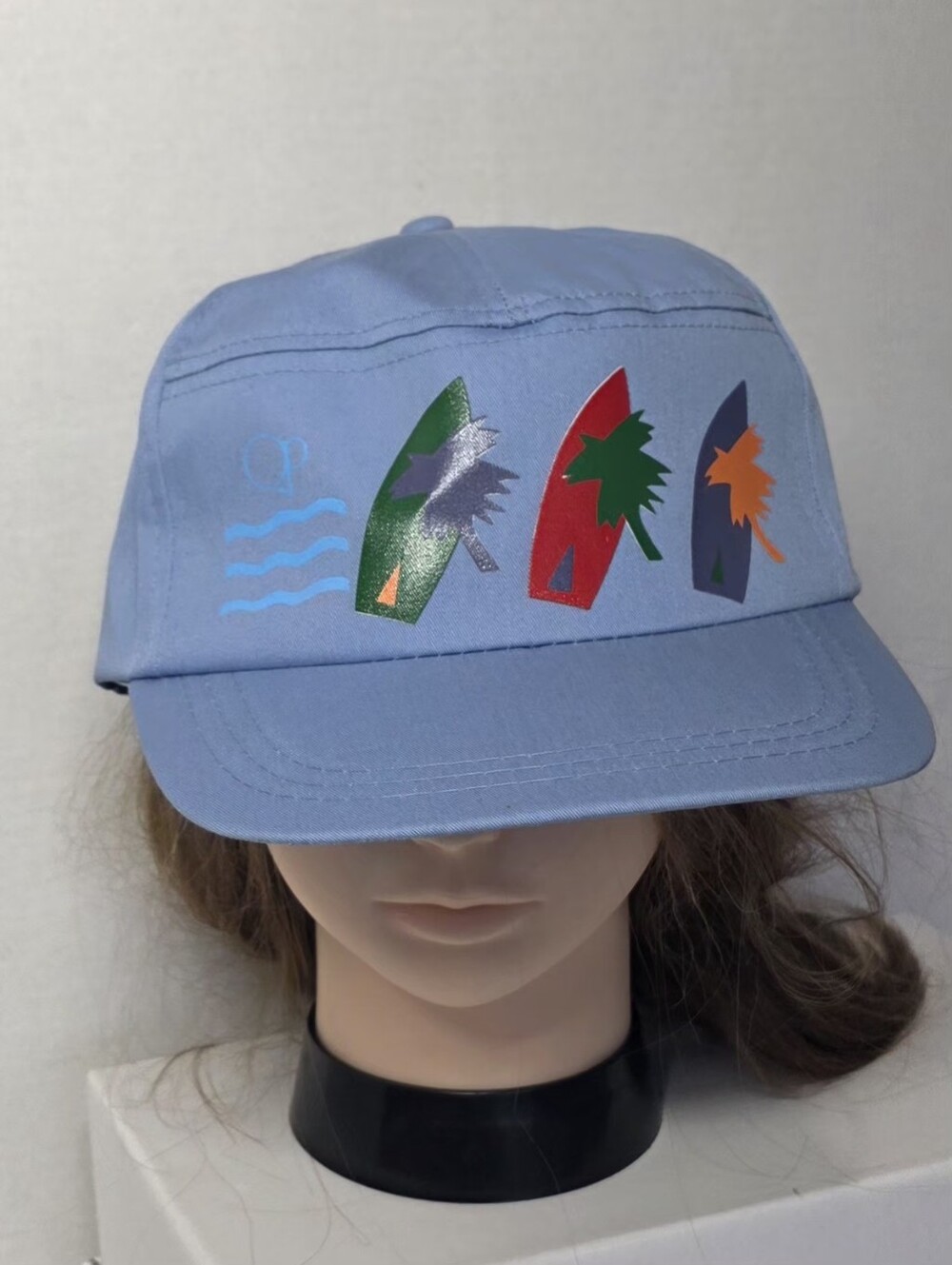 New Vintage Ocean Pacific Hat Palm Trees & Surf Boards Blue Velcro One Sz